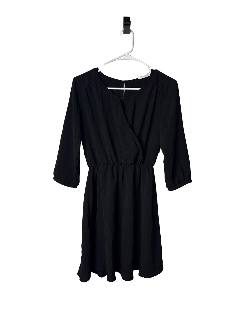 LUSH Black 3/4 Sleeve Keyhole Neck Fit Flare Mini Wrap-Front Classic Dress Sz XS